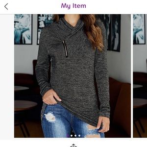 Black/gray zip-detail cowl neck knit top